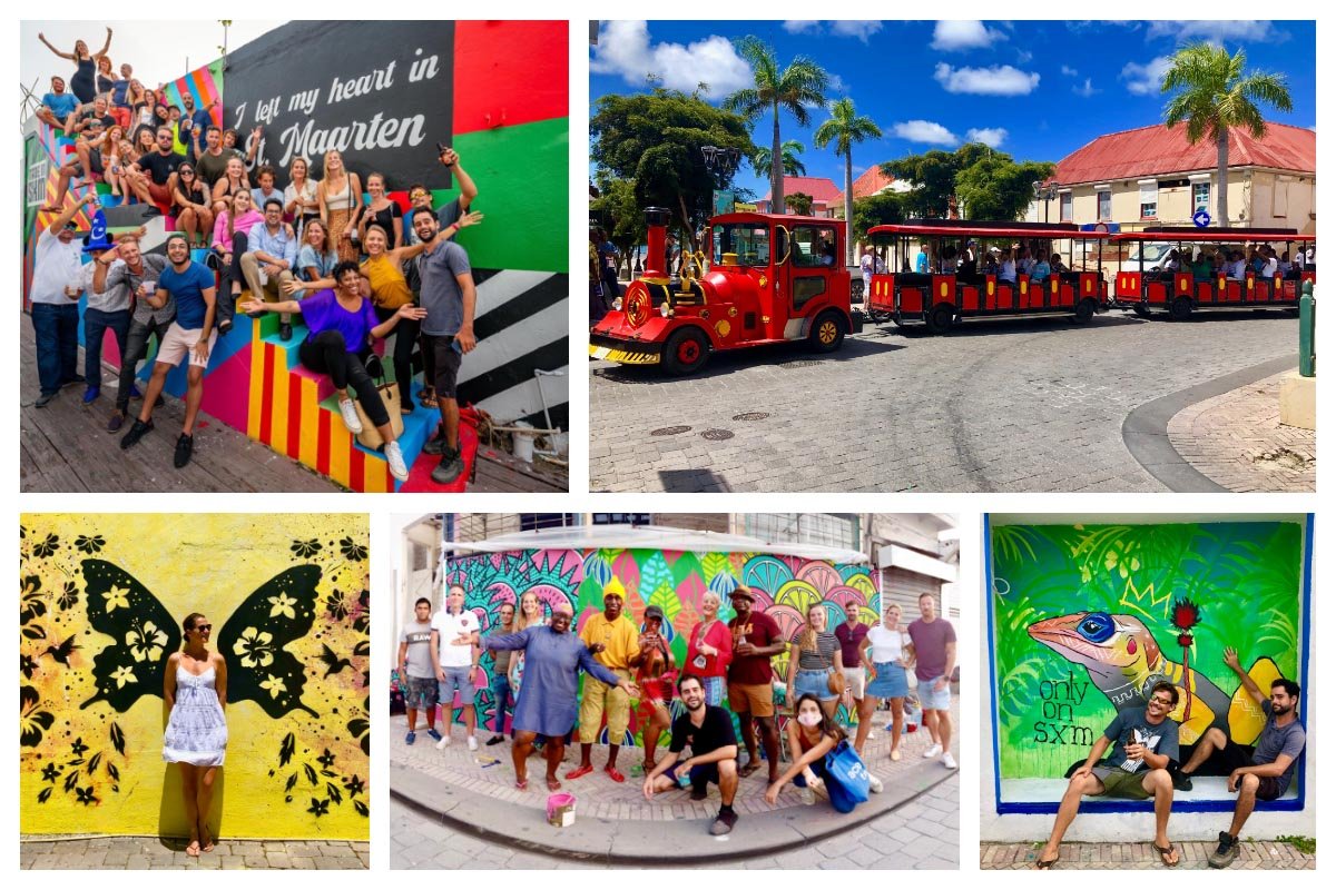 “Immerse Yourself in the Sint Maarten Mural Tour – Explore Stunning Murals in Philipsburg” Colorful street murals, group walking tour, “I Left My Heart in St. Maarten” wall, Philipsburg, St. Maarten