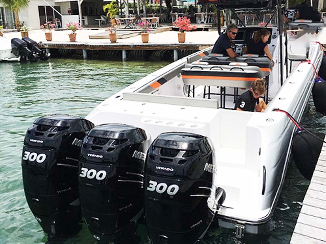 Concept 44FT powerboat with 3 x 300hp Mercury V8 engines, cruising in St. Martin