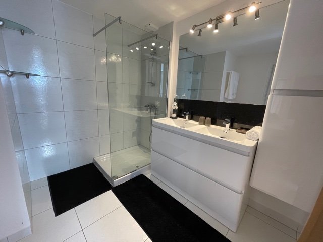 Modern bathroom in Studio Friends at Paloma, Santa Ana—featuring a walk-in shower, sleek fixtures, and contemporary design
