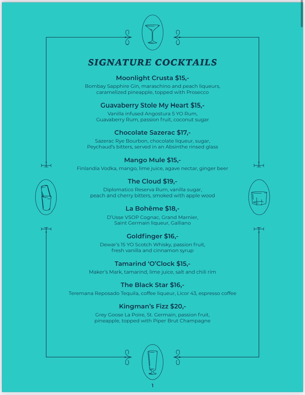 Kingsman cocktail menu featuring signature drinks in Simpson Bay, St. Maarten