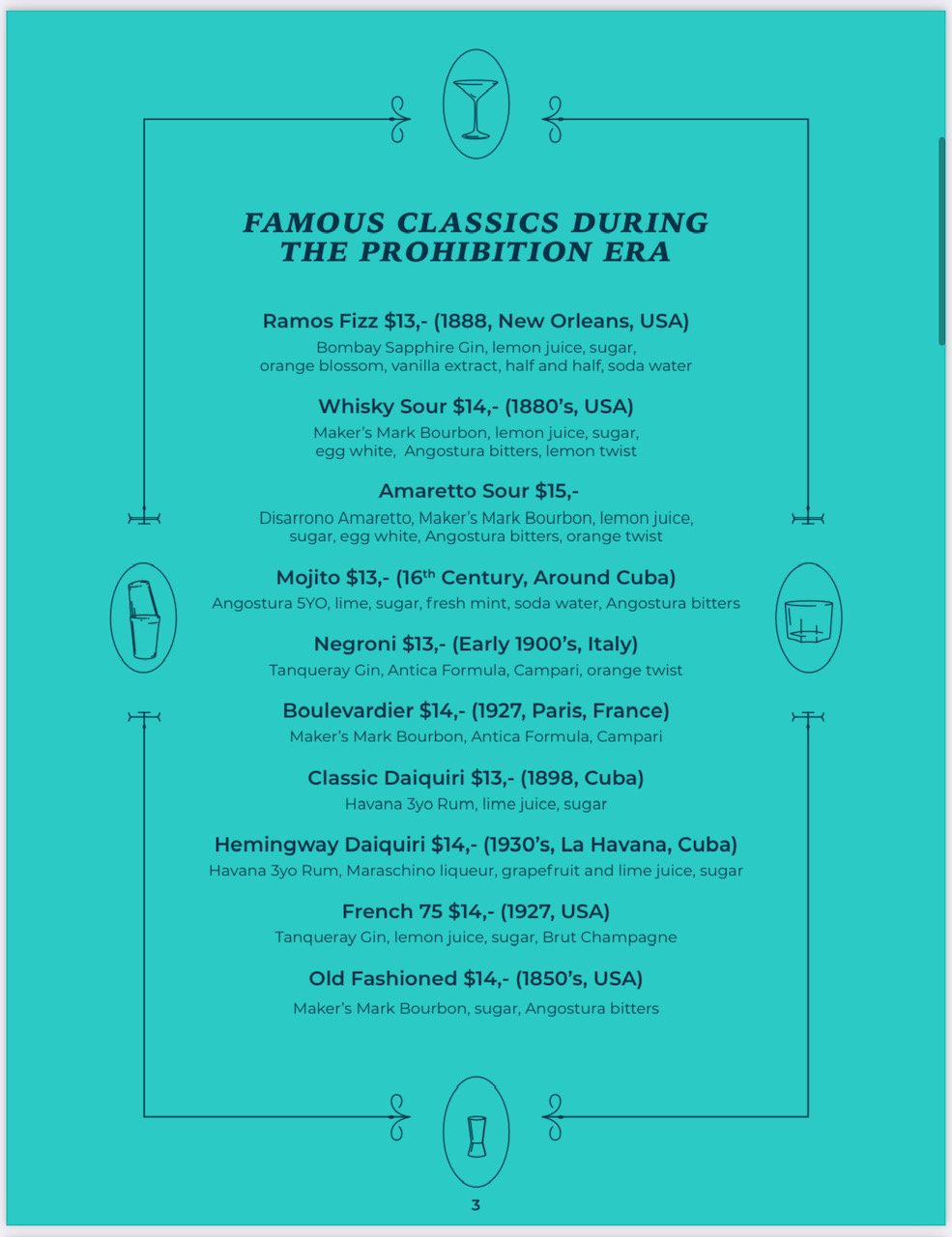 Kingsman cocktail menu featuring Prohibition-era classics in Simpson Bay, St. Maarten
