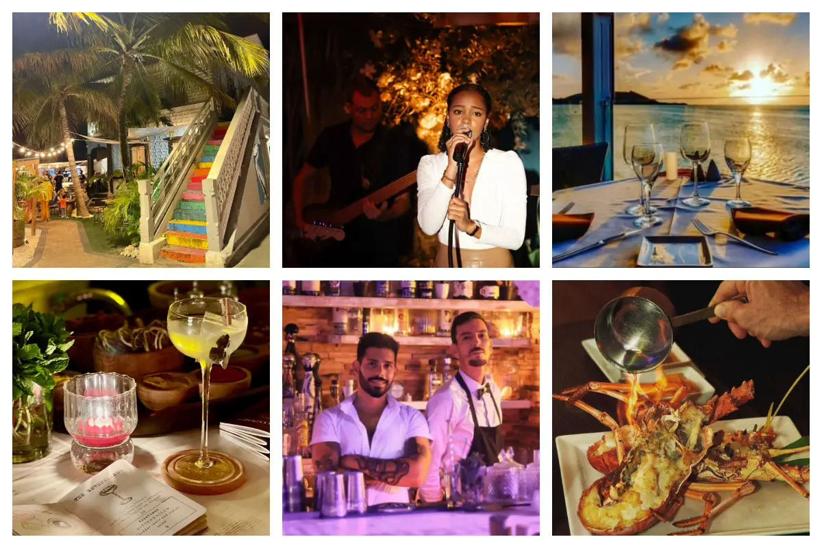 Grand Case Beach at night – romantic beachfront dining with fine cuisine and cocktails