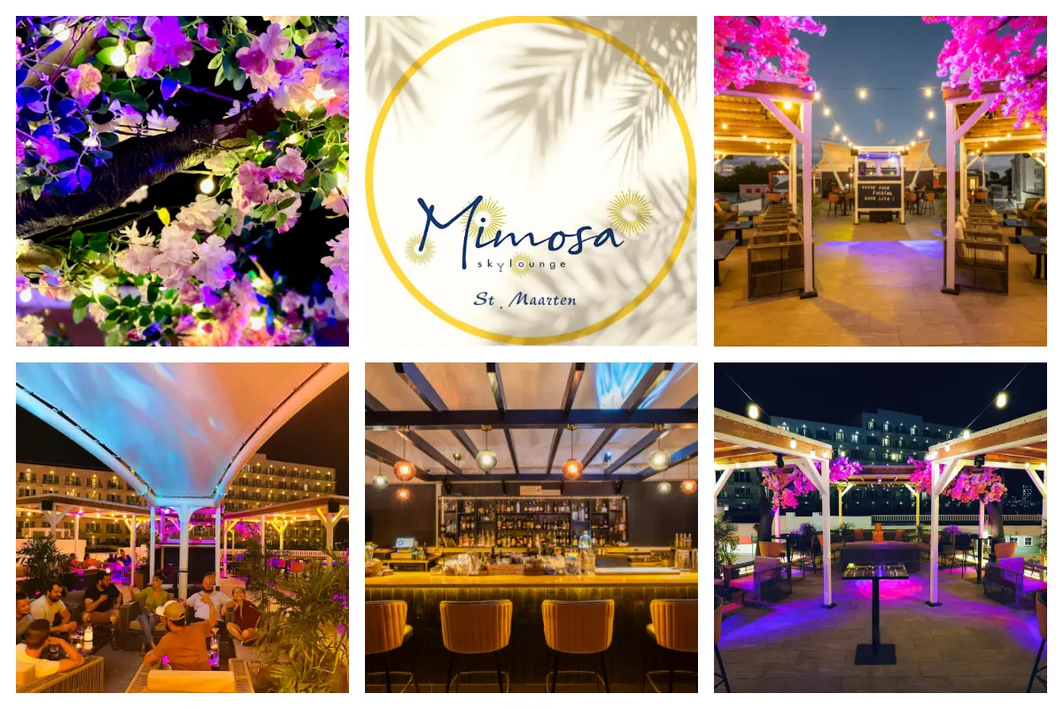 Mimosa Skylounge location in Maho – Best Rooftop bar in St Martin, St Maarten, SXM LO Mimosa Sky Lounge - Rooftop Cocktail and tapas bar in Maho - Gazebo & Japanese cherry tree L