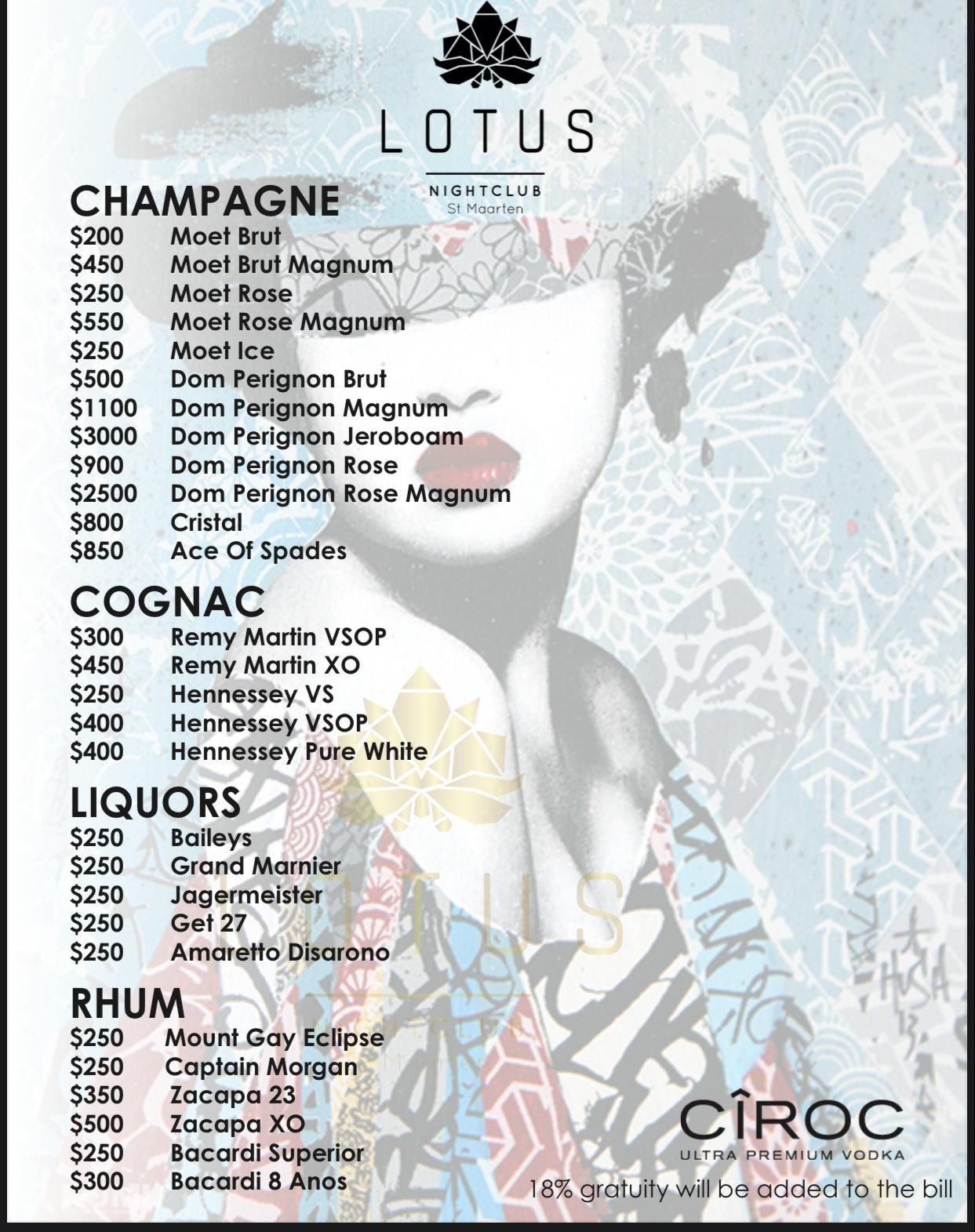 Lotus VIP Bottle Menu 2023: Champagne, Cognac, Rum, Liquor