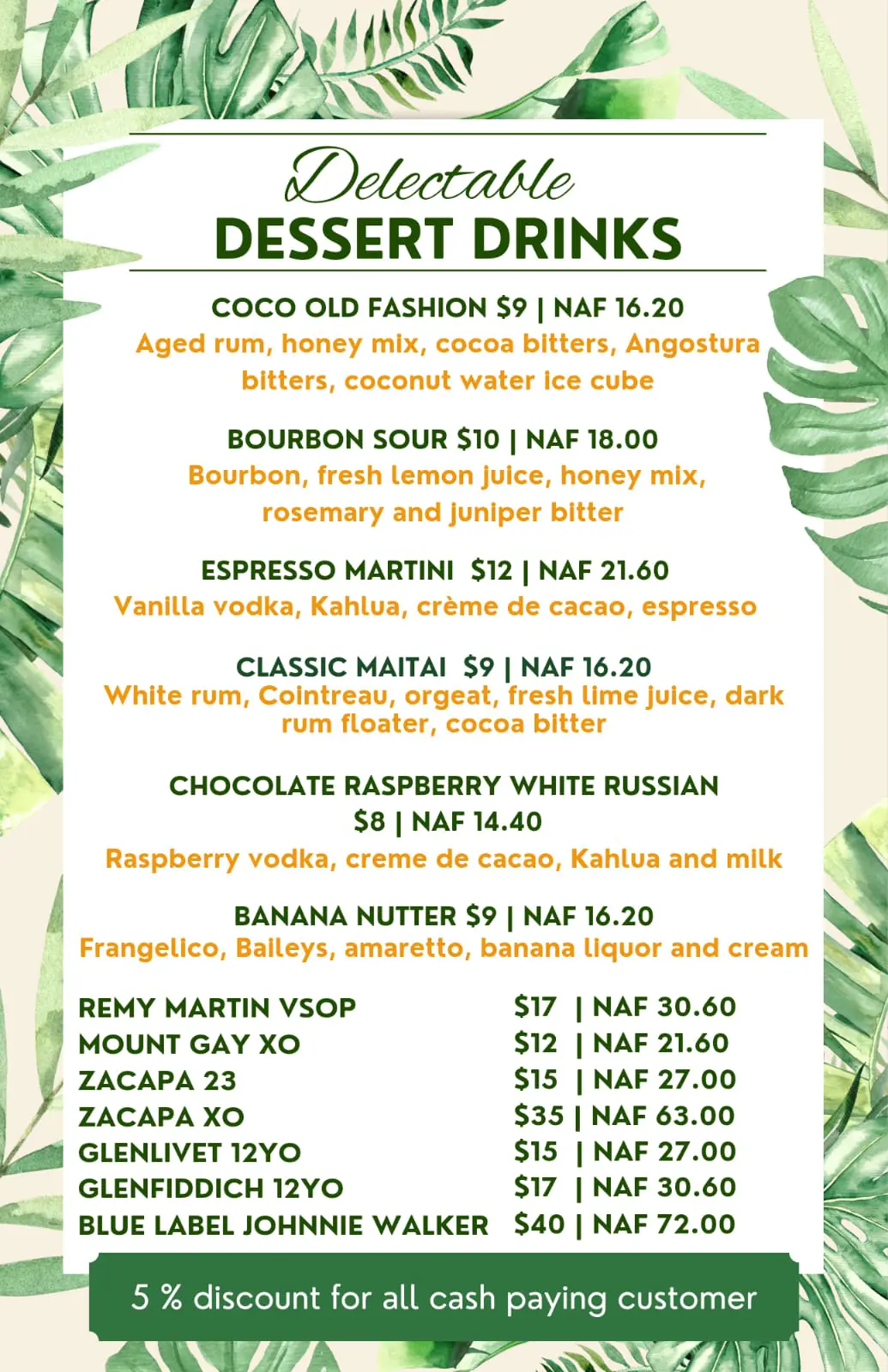 Menu - Dessert Drinks - After Dinner Drinks - the Palms Restaurant in Simpson Bay