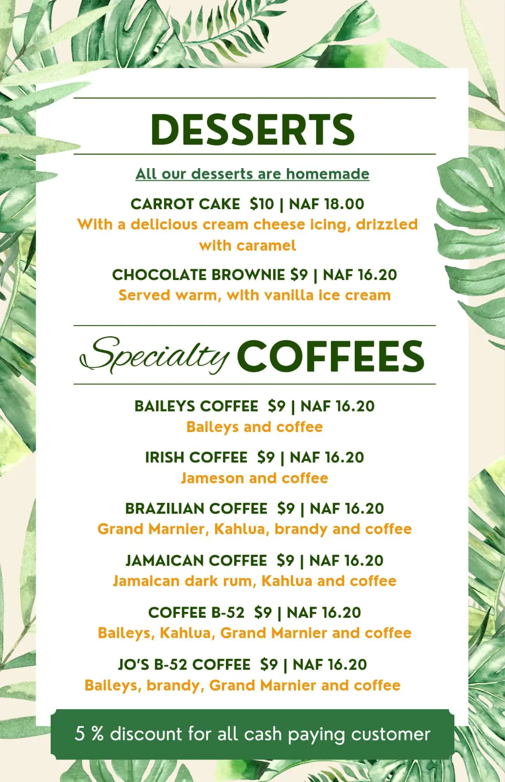 "Decadent Desserts, Coffees, and After-Dinner Drinks at The Palms Restaurant in Simpson Bay"