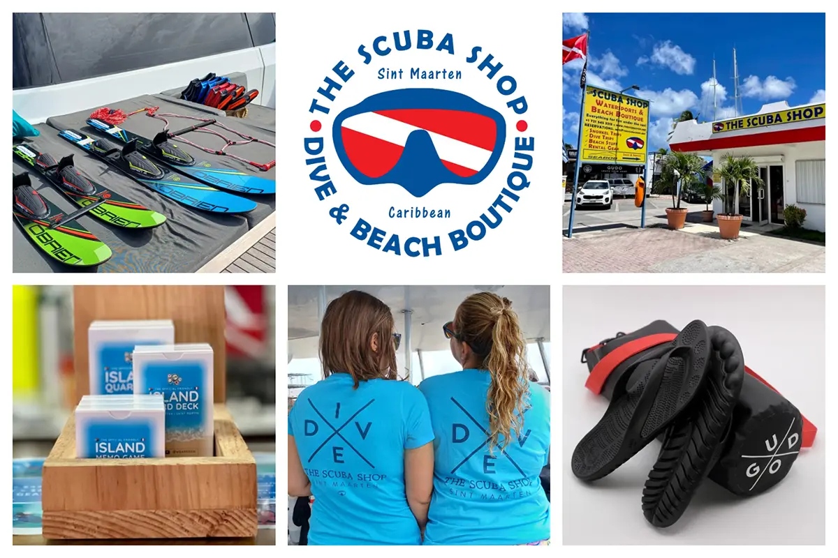 “Il negozio di attrezzatura subacquea, Simpson BayLa tua destinazione ideale per immersioni e sport acquatici. Il negozio di attrezzatura subacquea in Simpson Bay - Attrezzatura completa per immersioni, snorkeling, infradito, sci nautico, negozio di sport acquatici - Giochi sull'isola We Are SXM