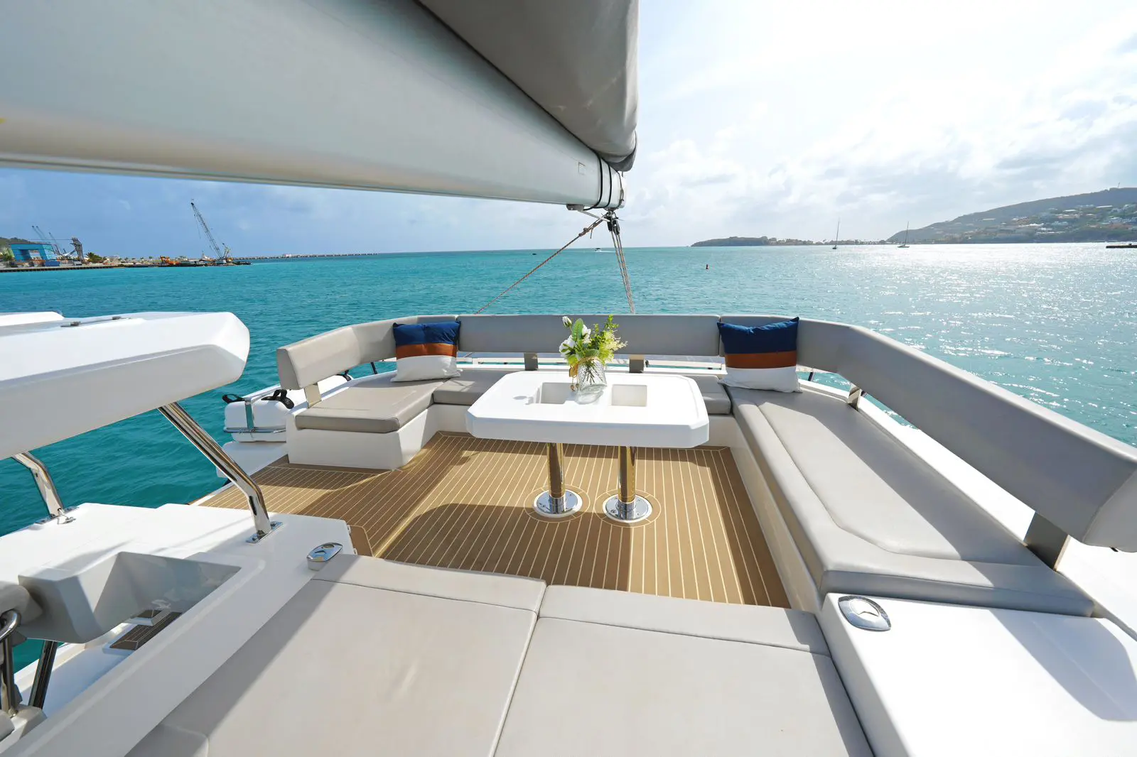 Don’t Worry Leopard 45 sail catamaran flybridge seating in St. Maarten waters