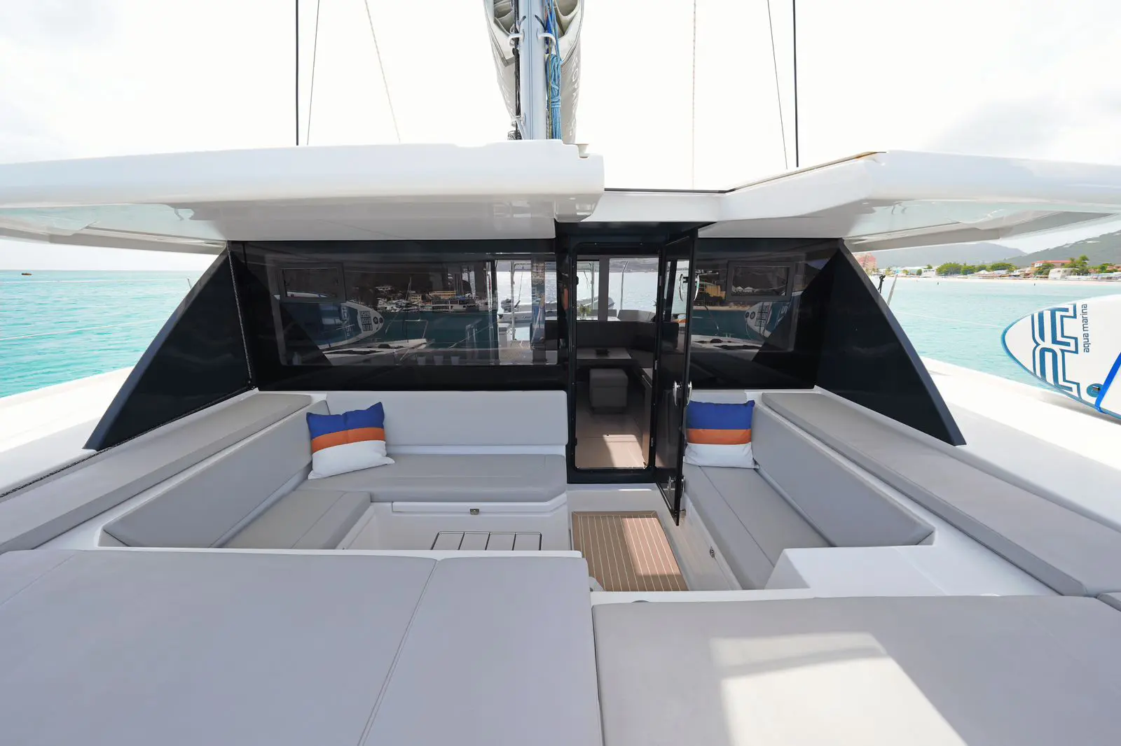 Front cockpit view of Leopard 45 catamaran with sun pads in St. Maarten