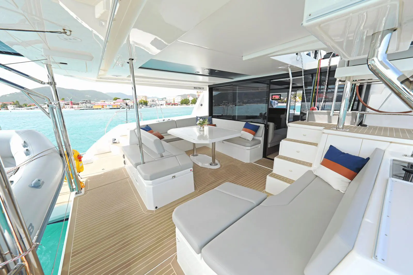 Don’t Worry Leopard 45 catamaran outside cockpit overlooking ocean in St. Maarten