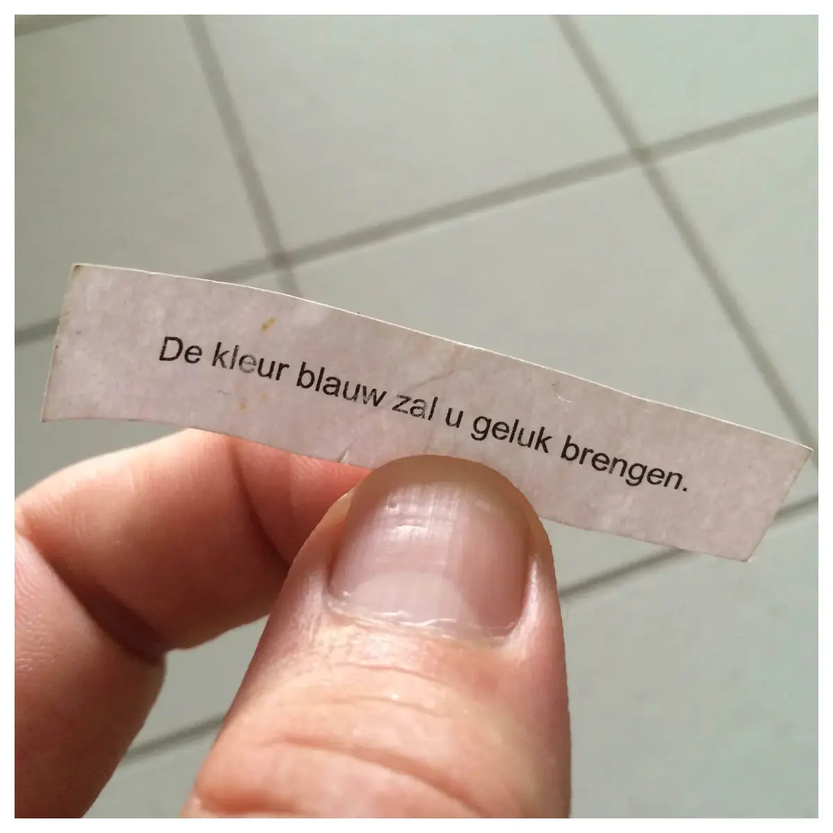 Fortune cookie with the message 'The color Blue will bring you luck' printed on a slip of paper inside