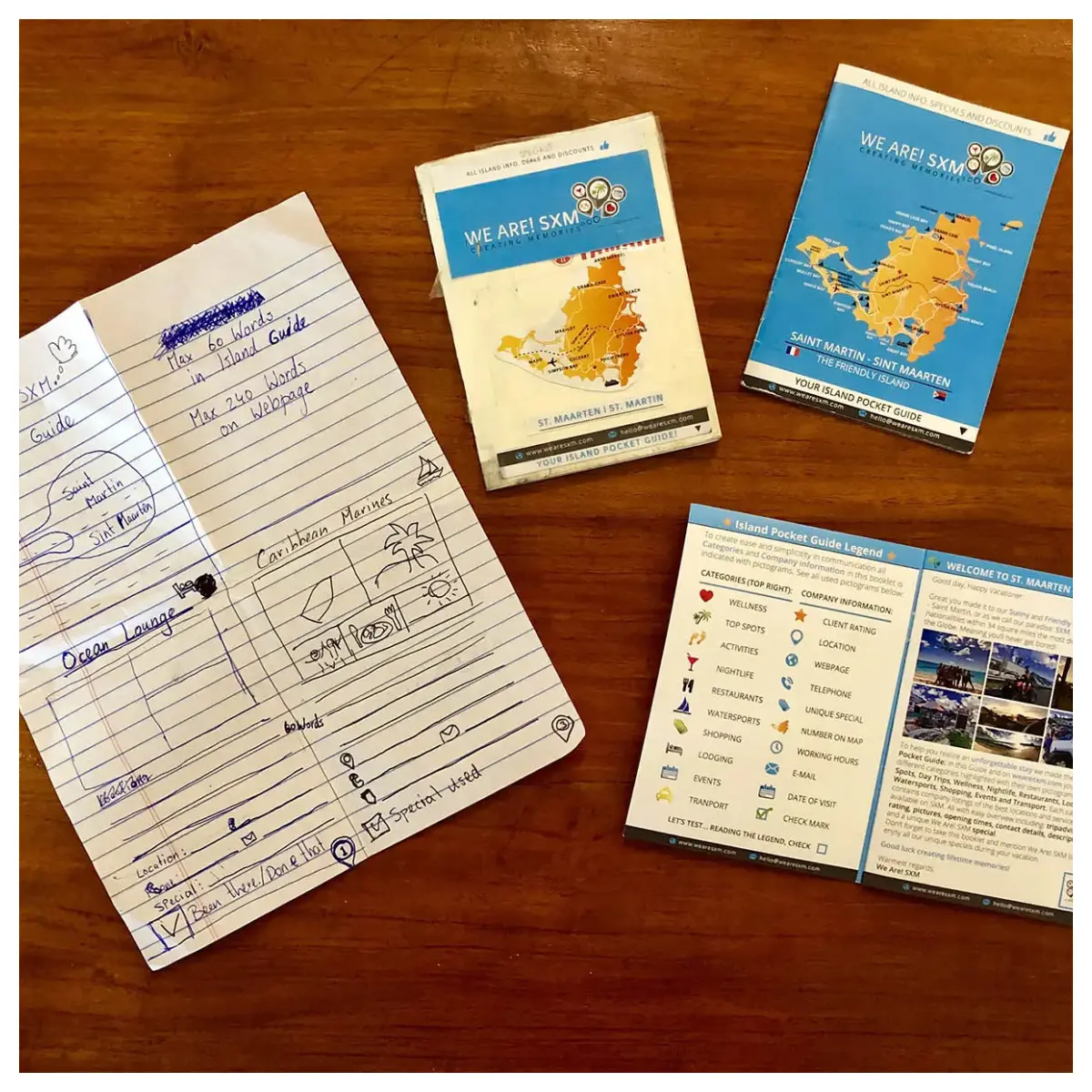 Cover of the Island Pocket Guide by We Are! SXM, featuring a vibrant map of St. Maarten – St. Martin with color-coded categories for easy navigation