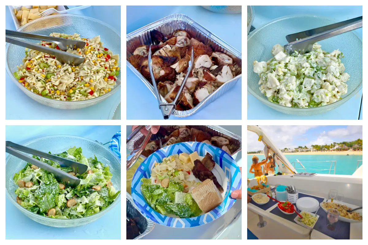 Homemade pasta salad, potato salad, grilled chicken, bread, and cheese served aboard Eagle Tours catamaran in St. Maarten