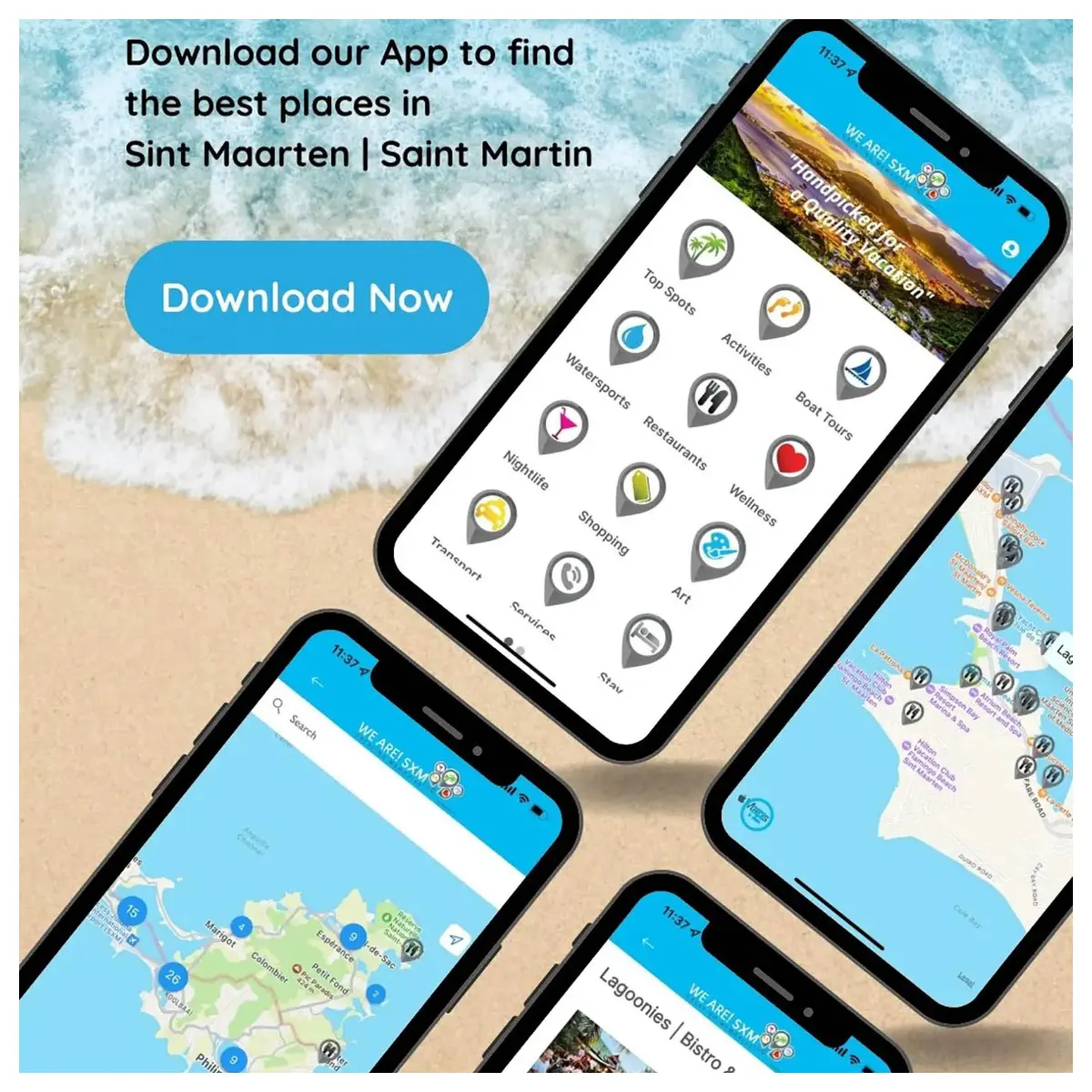 We Are SXM app interface showcasing island information, maps, and GPS navigation features for St. Maarten – St. Martin