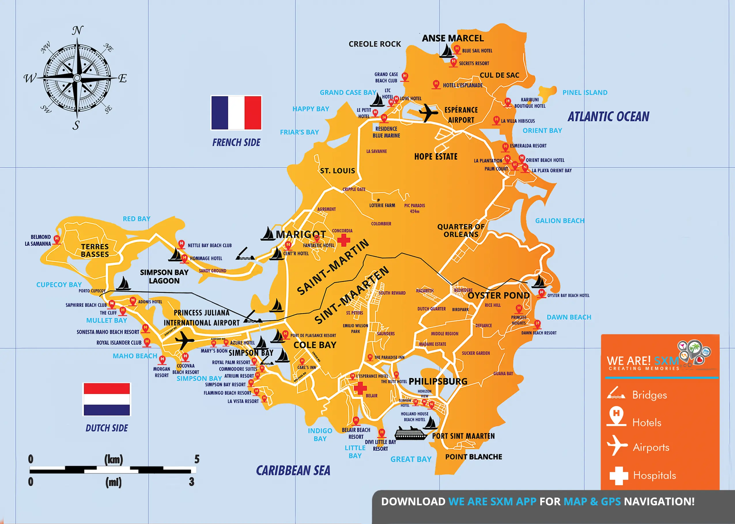 ST MAARTEN - ST MARTIN ISLAND MAP WITH ALL HOTELS, MAIN BEACHES AND AREAS 2024