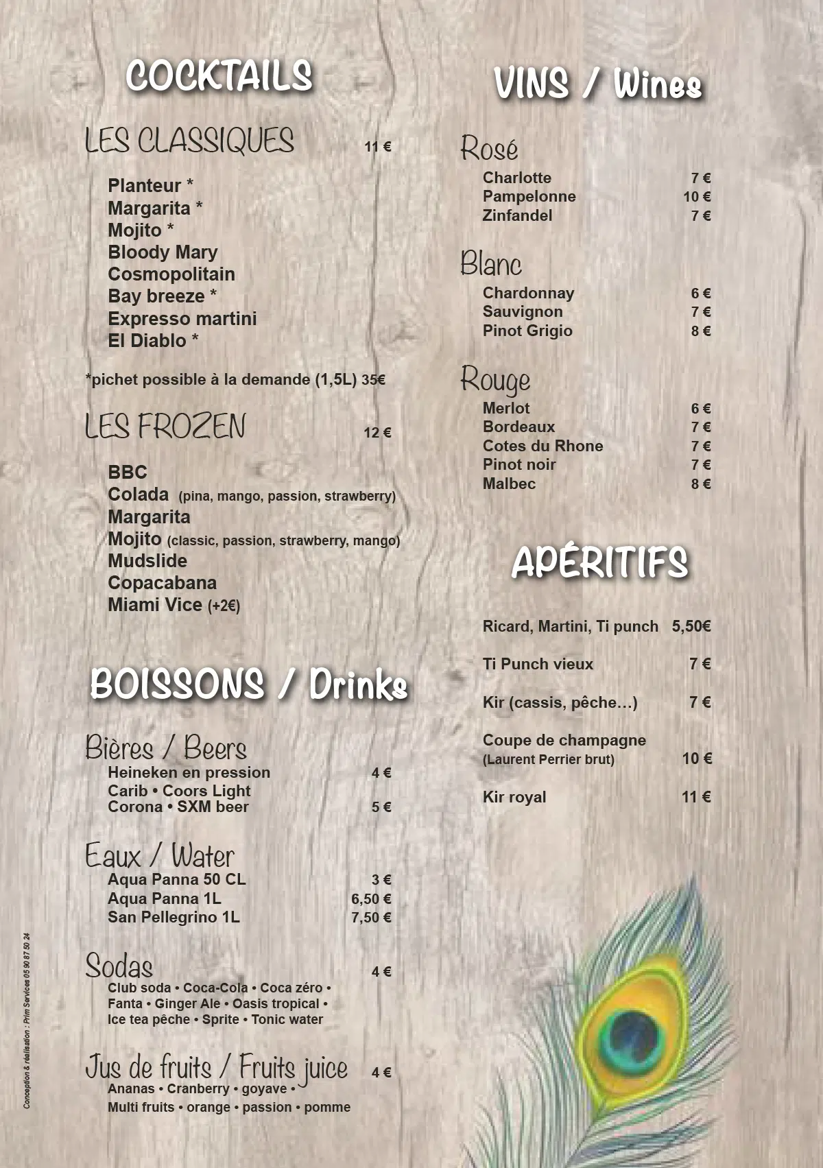 Rancho del Sol drinks menu 2024 showing wines, cocktails & aperitifs in St. Martin