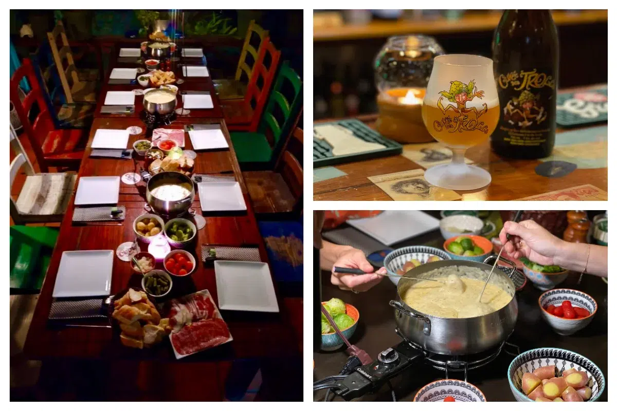 Fondue de queijo estilo holandês com muitos ingredientes no Rembrandt Café em Madame Estate Café Rembrandt - Principais cervejas belgas, dardos, esportes, uísques, rum, comida holandesa