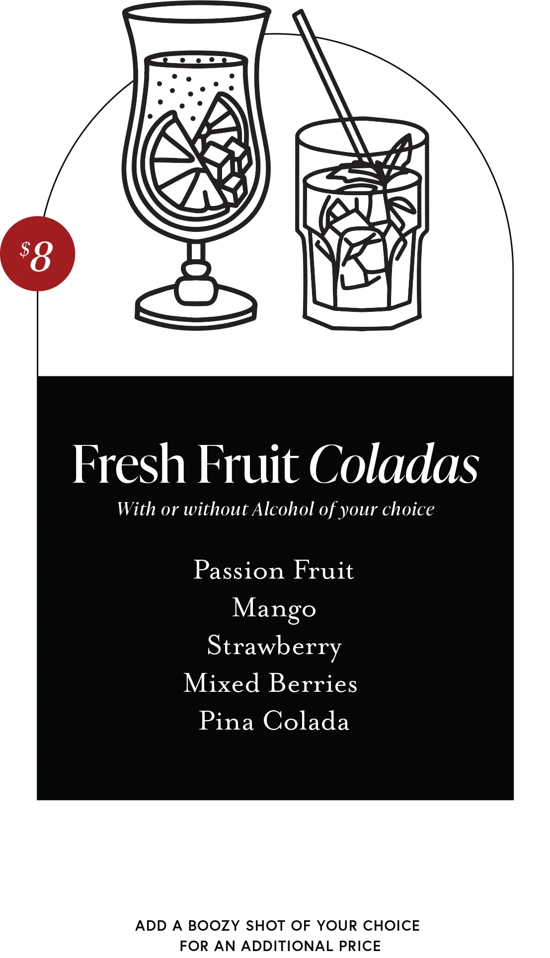 Bold Buddha's 2025 menu featuring passion fruit, mango, strawberry, and piña colada fruit coladas in Philipsburg