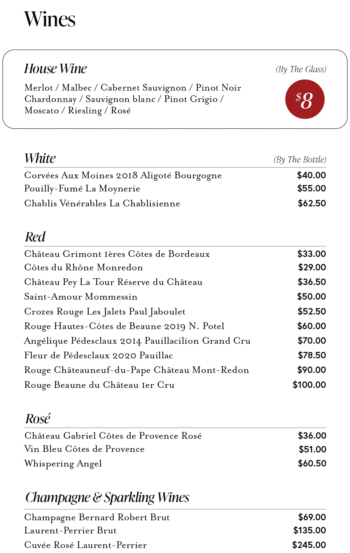 Bold Buddha's 2025 wine menu featuring French whites, reds, rosés, and champagne