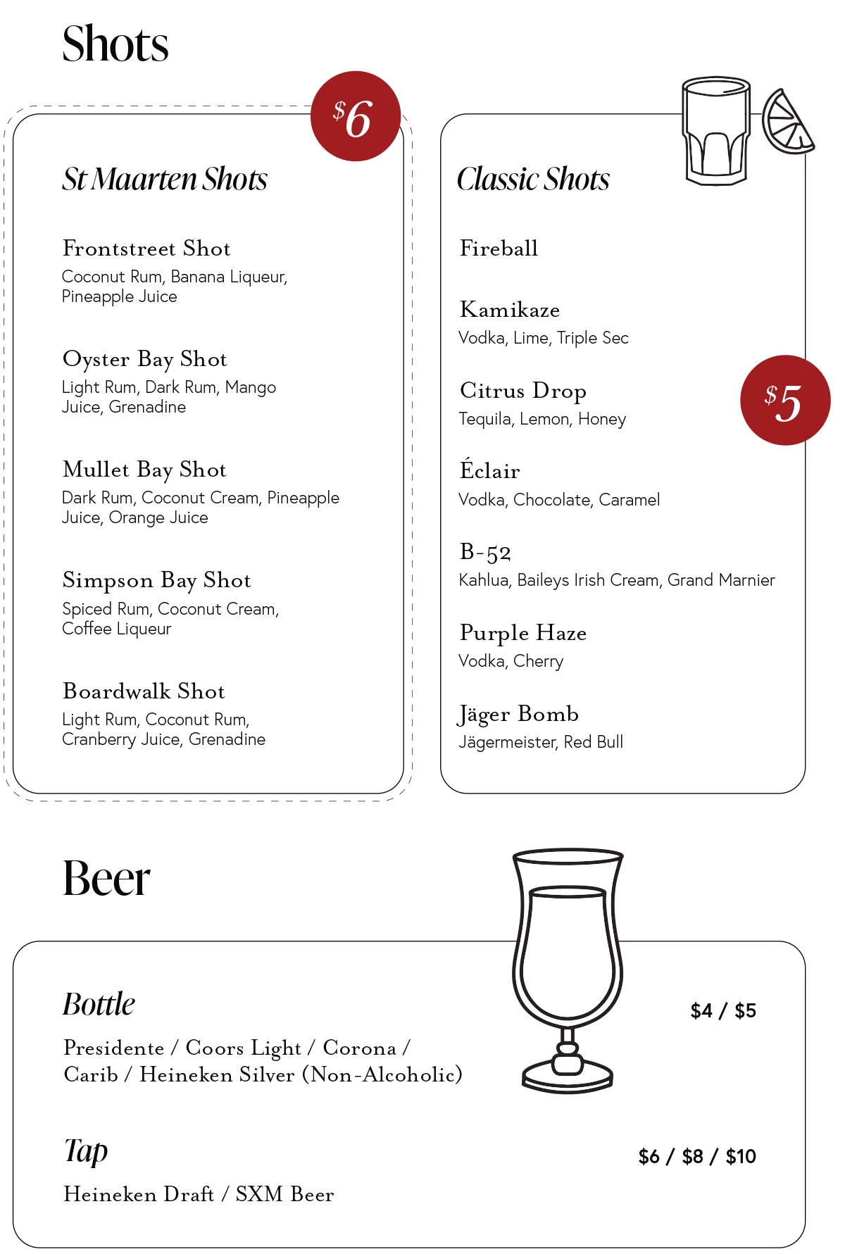 Draft beers, classic shots, and bottled beers at Bold Buddha in Philipsburg