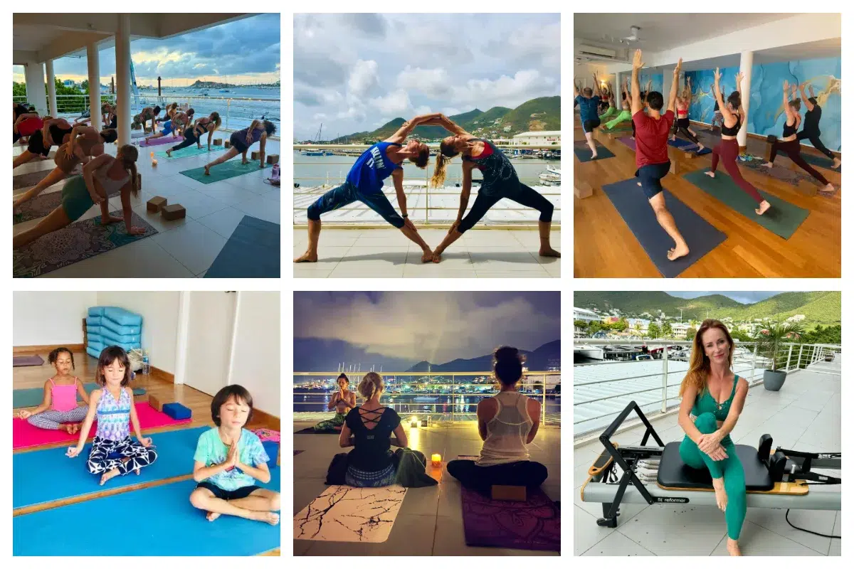 Yoga session outdoors overlooking Simpson Bay lagoon at Joga SXM, St. Maarten