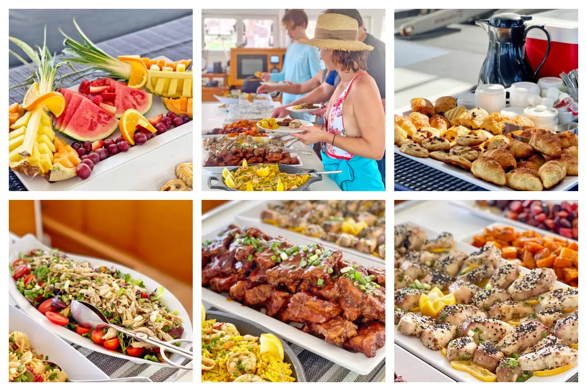 Amazing Breakfast and Lunch Buffet on Celine Cataraman Charters - High End Buffet with Fresh Fish, Pasta Salads, Meats, Vegetarian