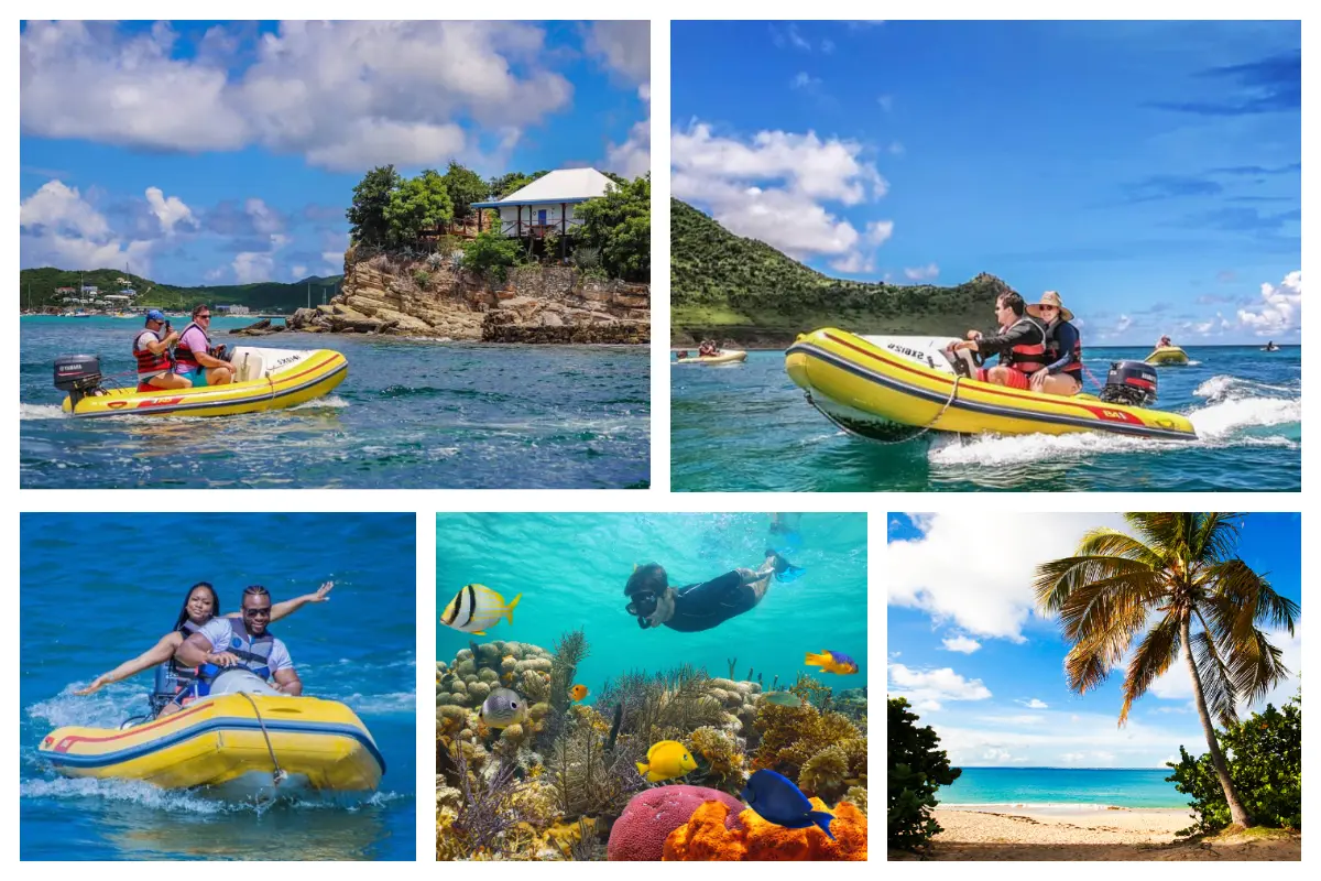 Rhino Safari Experience boating your own Rhino Rider Rhino Safari Experience snorkeling at French nature reserve Creole Rock or visit secluded beach Happy Bay S