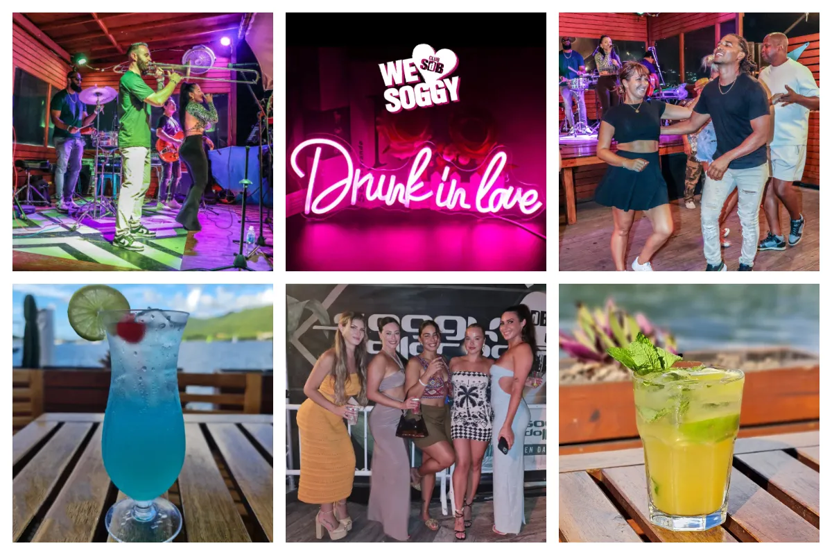 Tropical bar crowd enjoying Mojito specials during Latin Night at Soggy Dollar Bar, Simpson Bay, St. Maarten