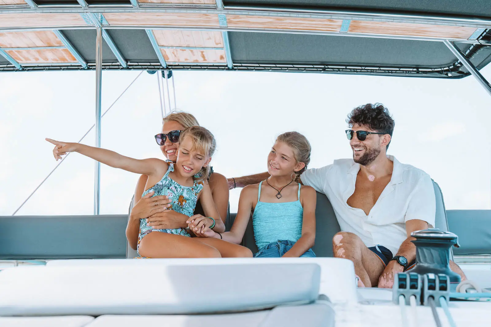 Front deck seating aboard Amari Lagoon 450S catamaran cruising near St. Maarten