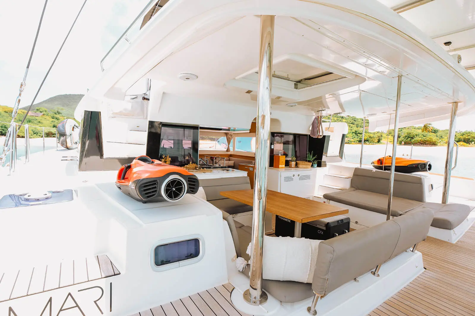 Amari Lagoon 450S catamaran cabin with soft lighting and sea view near St. Maarten