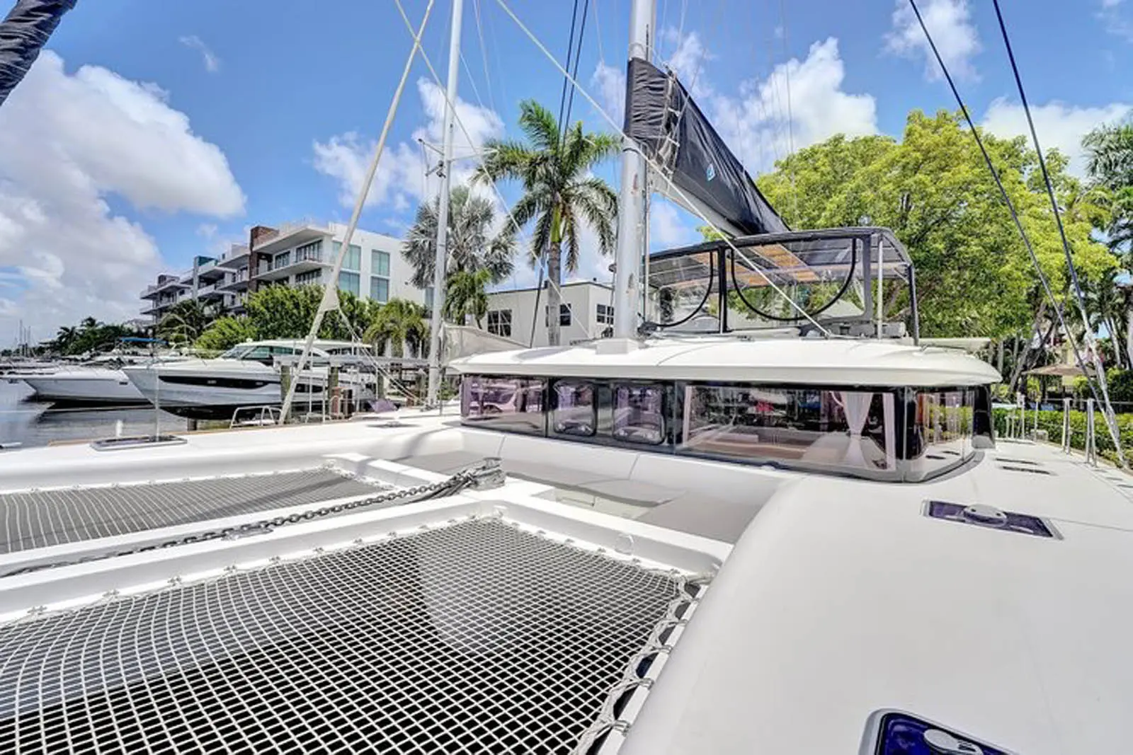 Bow deck of Ever Glorious Bali 45FT catamaran gliding through St. Maarten waters