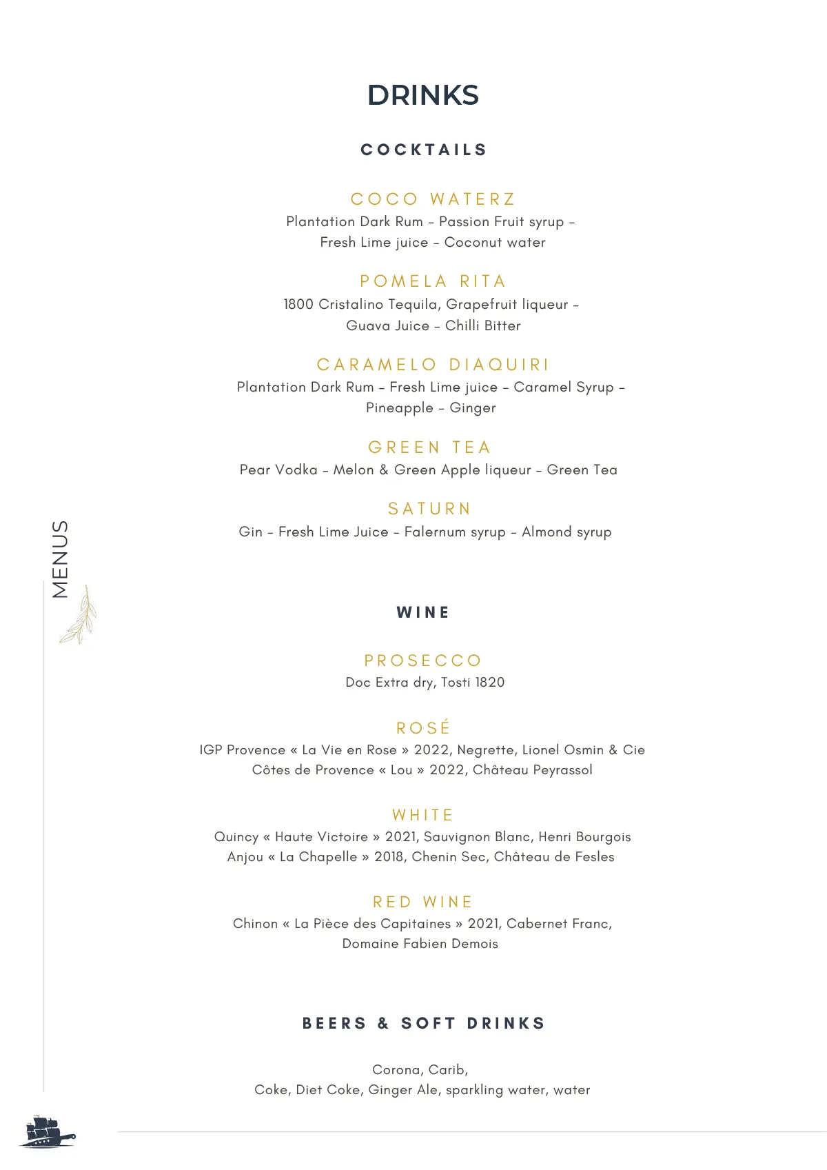 Pyratz Gourmet Charters Cocktail Menu 2025
