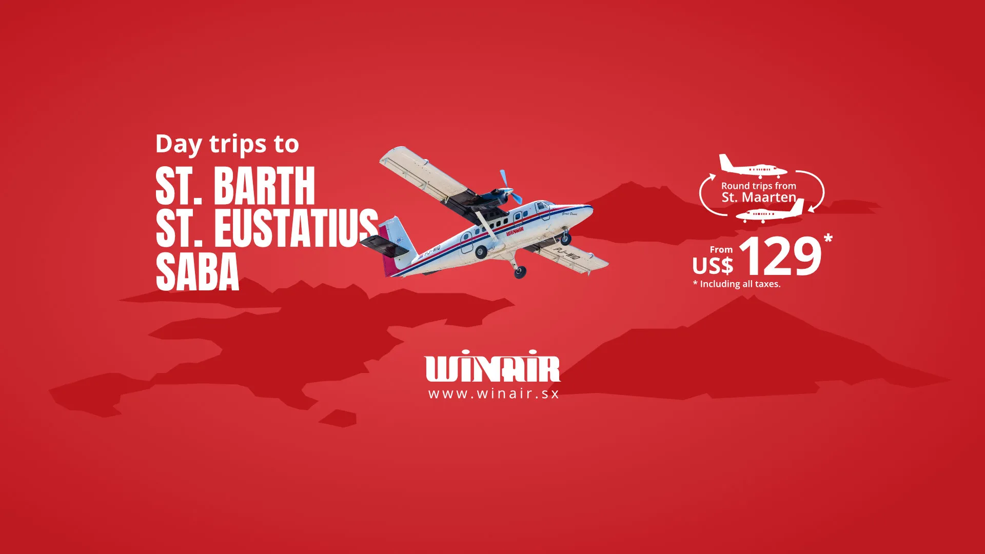 Winair banner promoting flights to St. Barth, Statia, Saba from $129