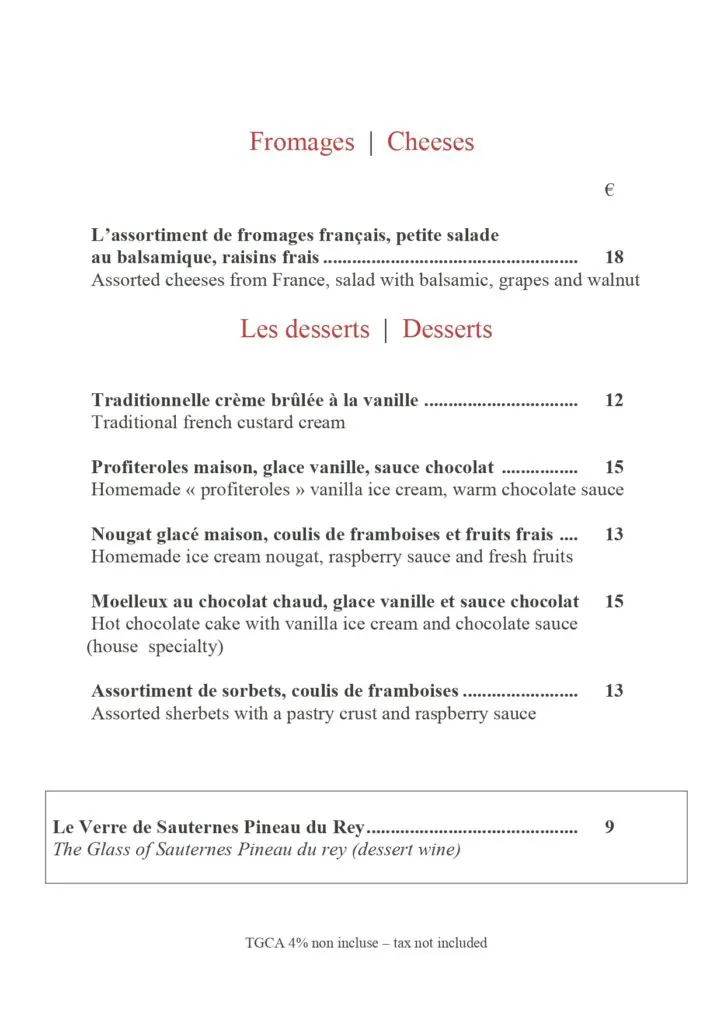 Bistrot Caraïbes 2025 menu featuring French cheeses and classic desserts in Grand Case, St. Martin