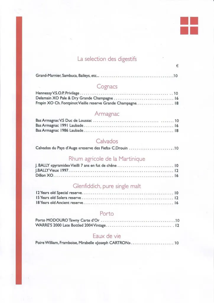 Bistrot Caraïbes 2025 digestives menu featuring French liqueurs and after-dinner drinks in Grand Case, St. Martin