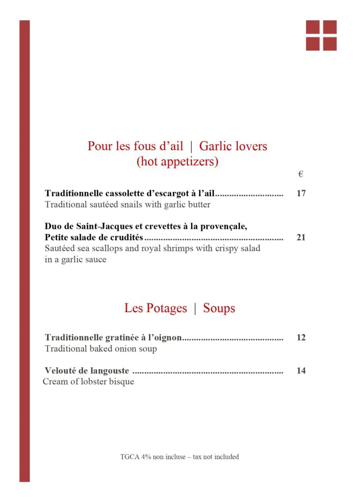 Bistrot Caraïbes 2025 menu featuring French appetizers and soups in Grand Case, St. Martin