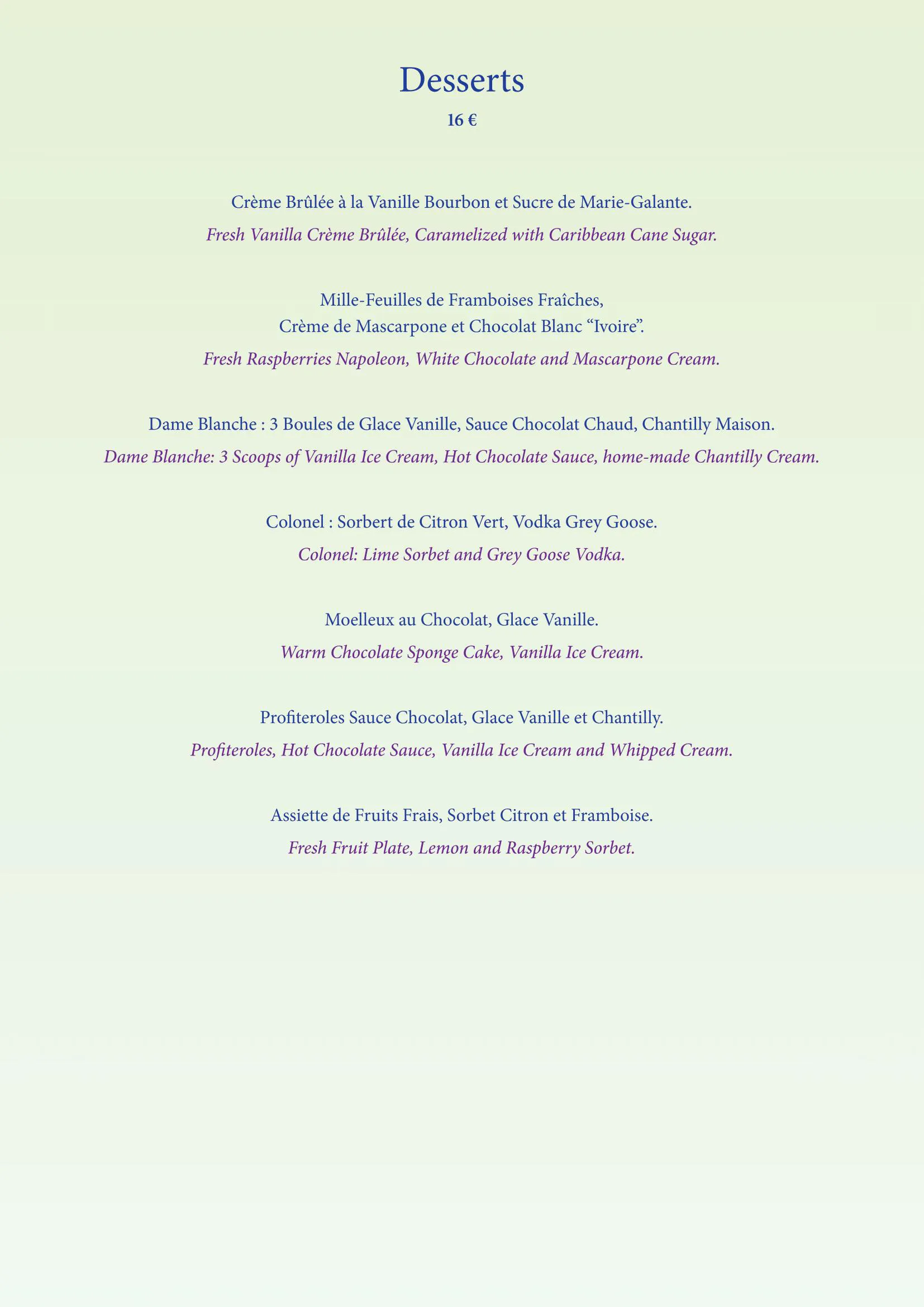 L'Astrolabe Menu - Desserts & Cheeses