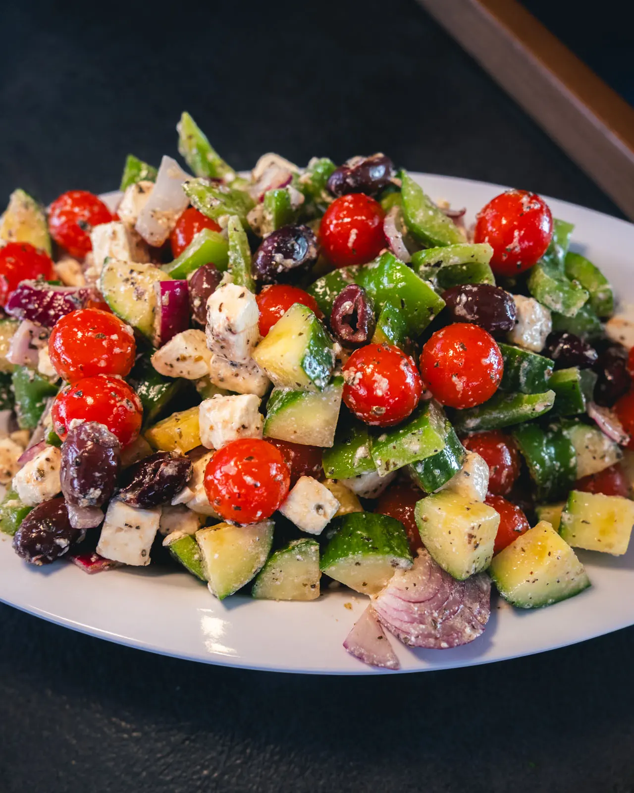Colorful Greek salad served aboard Renegades catamaran in St. Maarten.