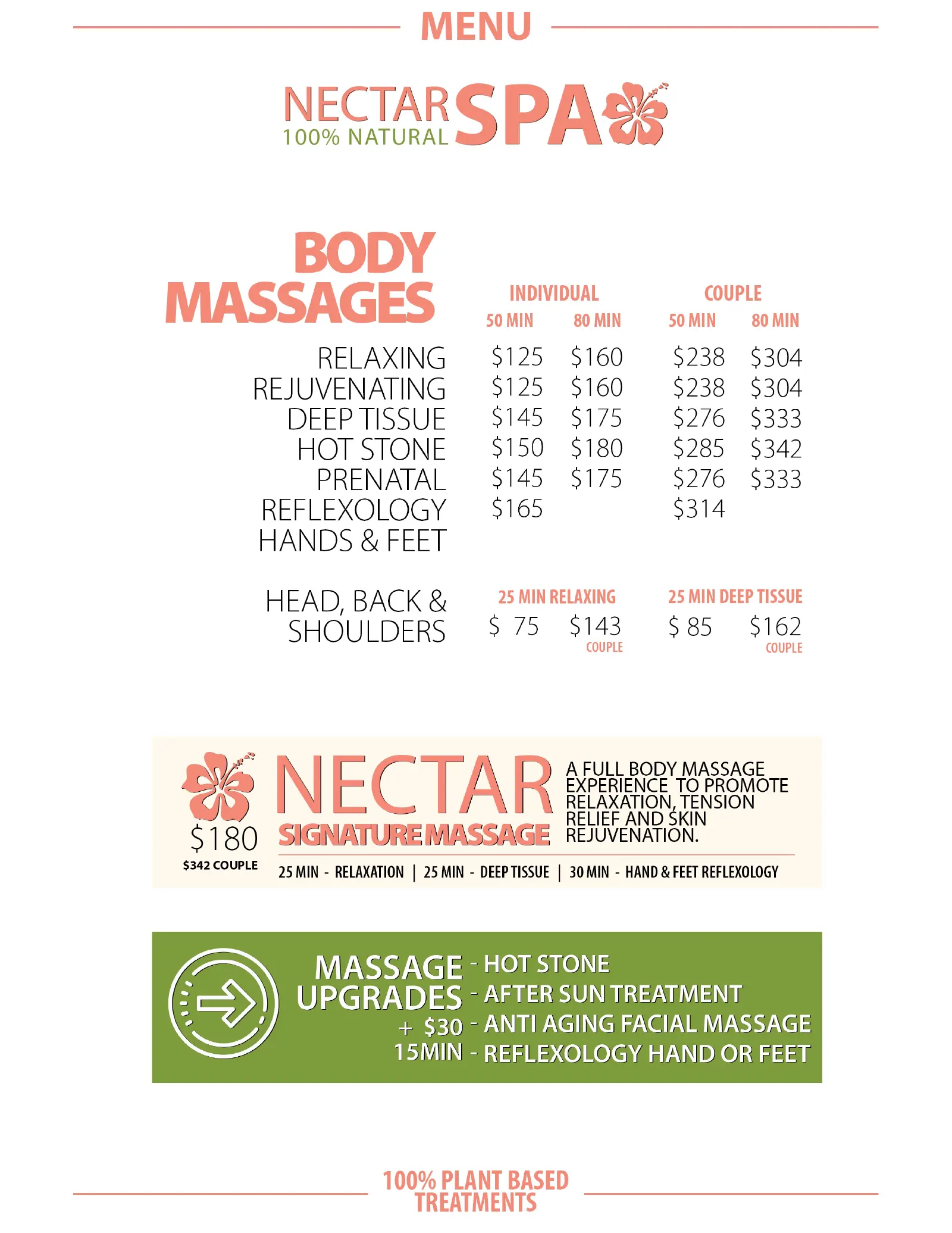 Nectar Spa 2025 menu featuring facials, massages, and body treatments in St. Maarten
