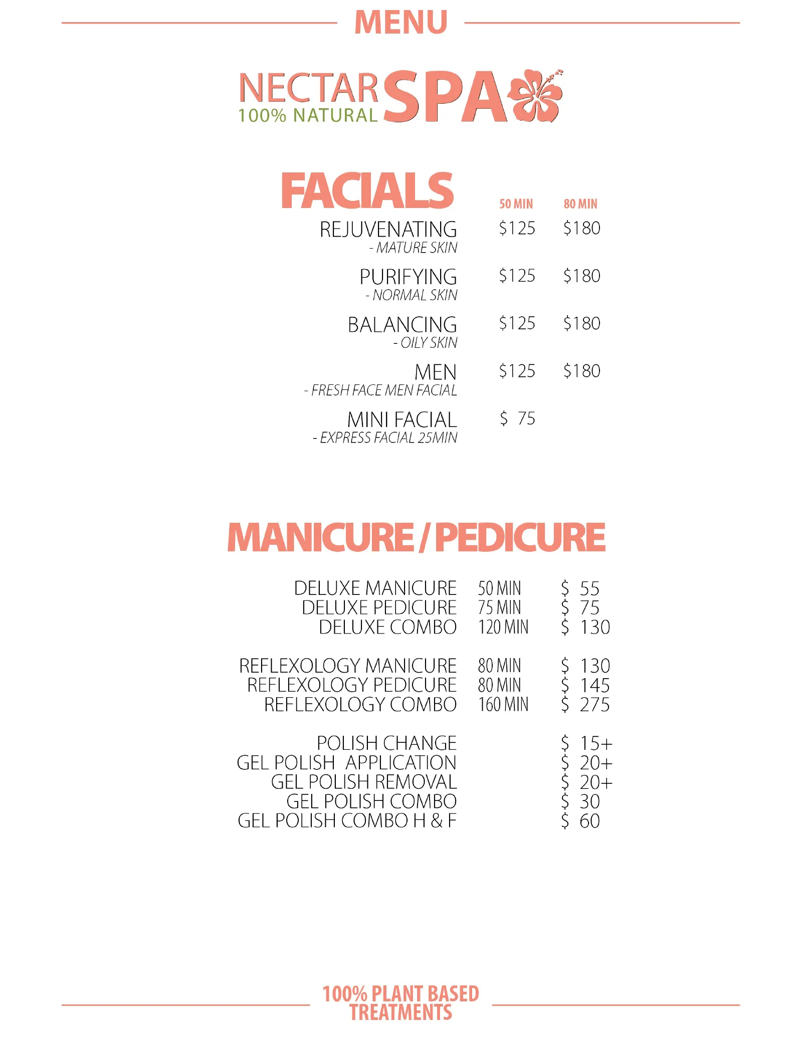 Nectar Spa 2025 menu featuring facials, massages, and body treatments in St. Maarten