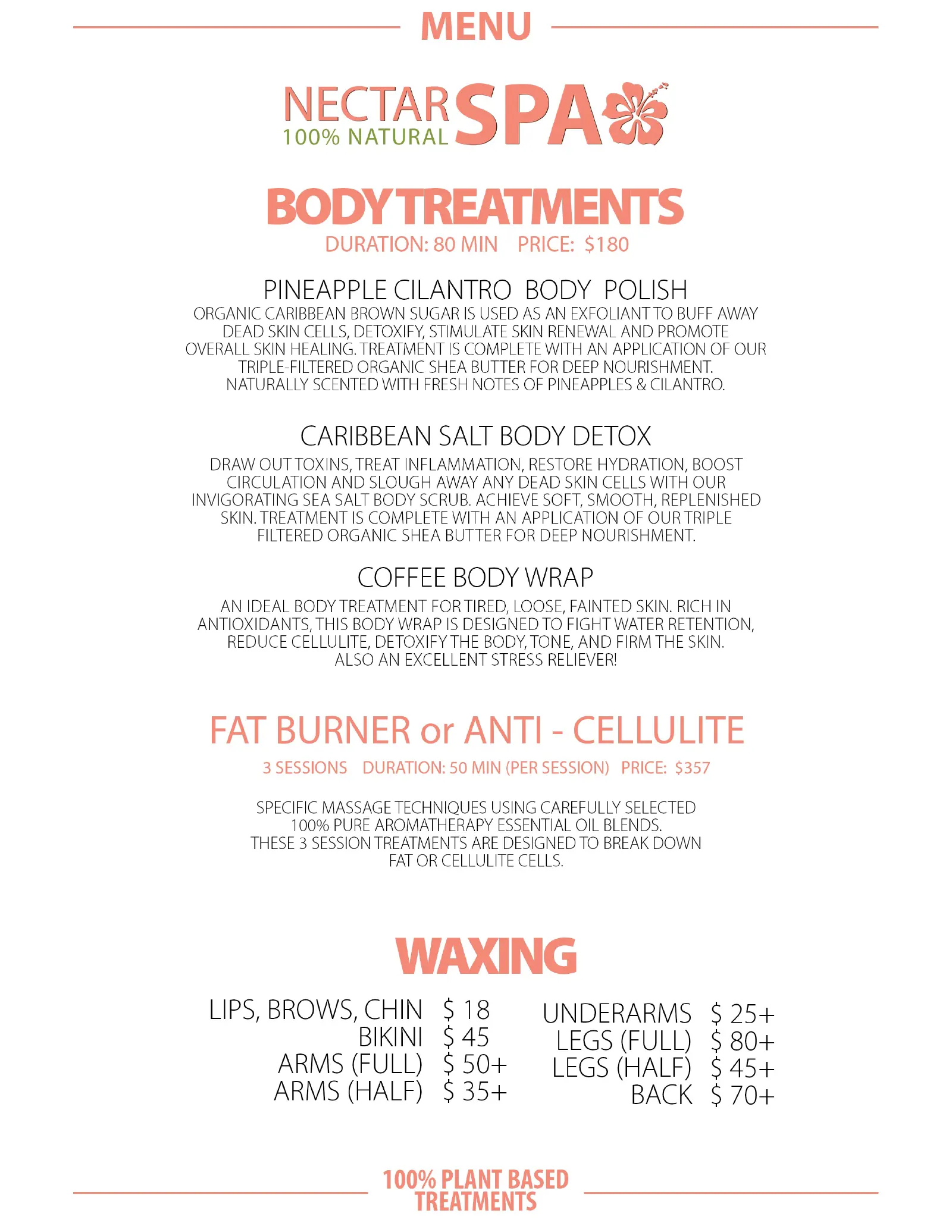 Nectar Spa 2025 menu featuring facials, massages, and body treatments in St. Maarten