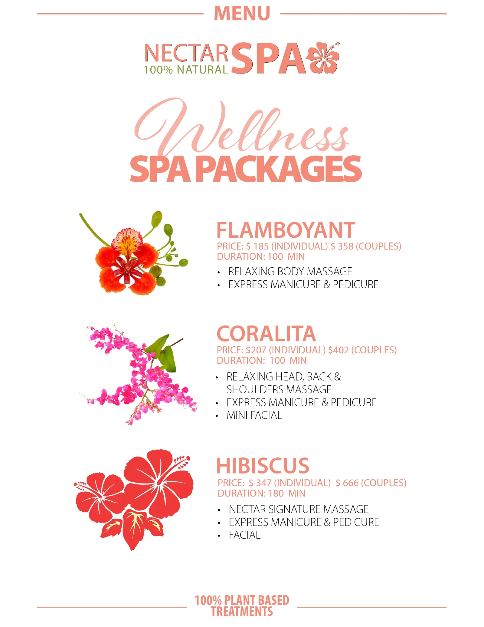 Nectar Spa 2025 menu featuring facials, massages, and body treatments in St. Maarten