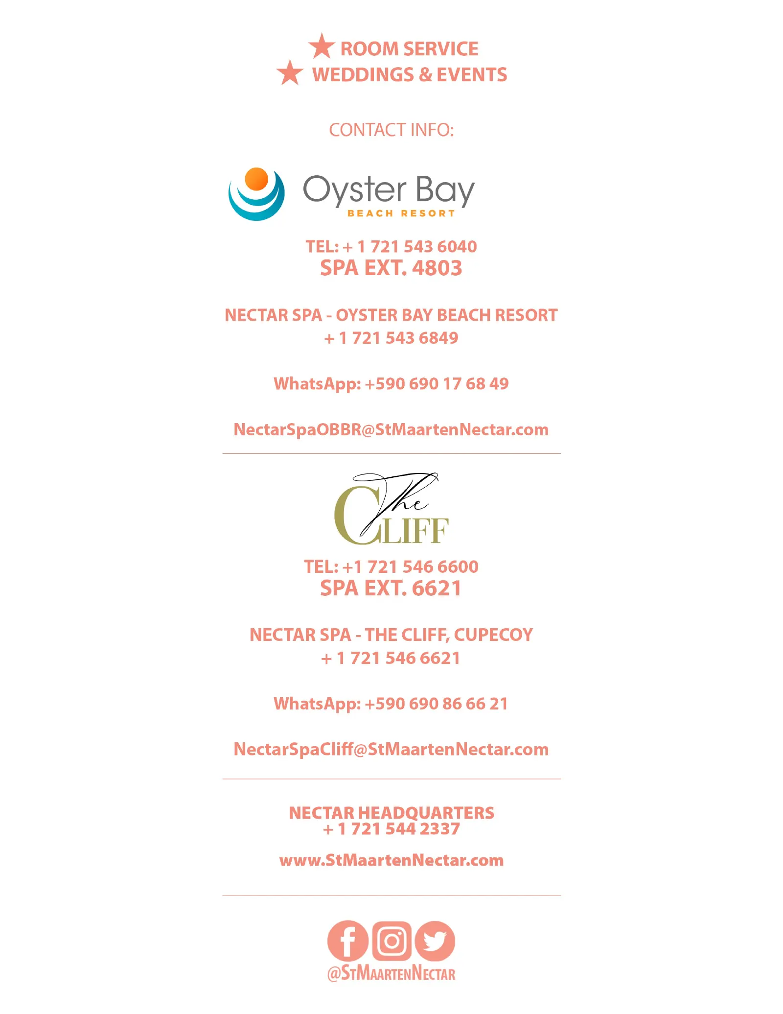 Nectar Spa 2025 menu featuring facials, massages, and body treatments in St. Maarten