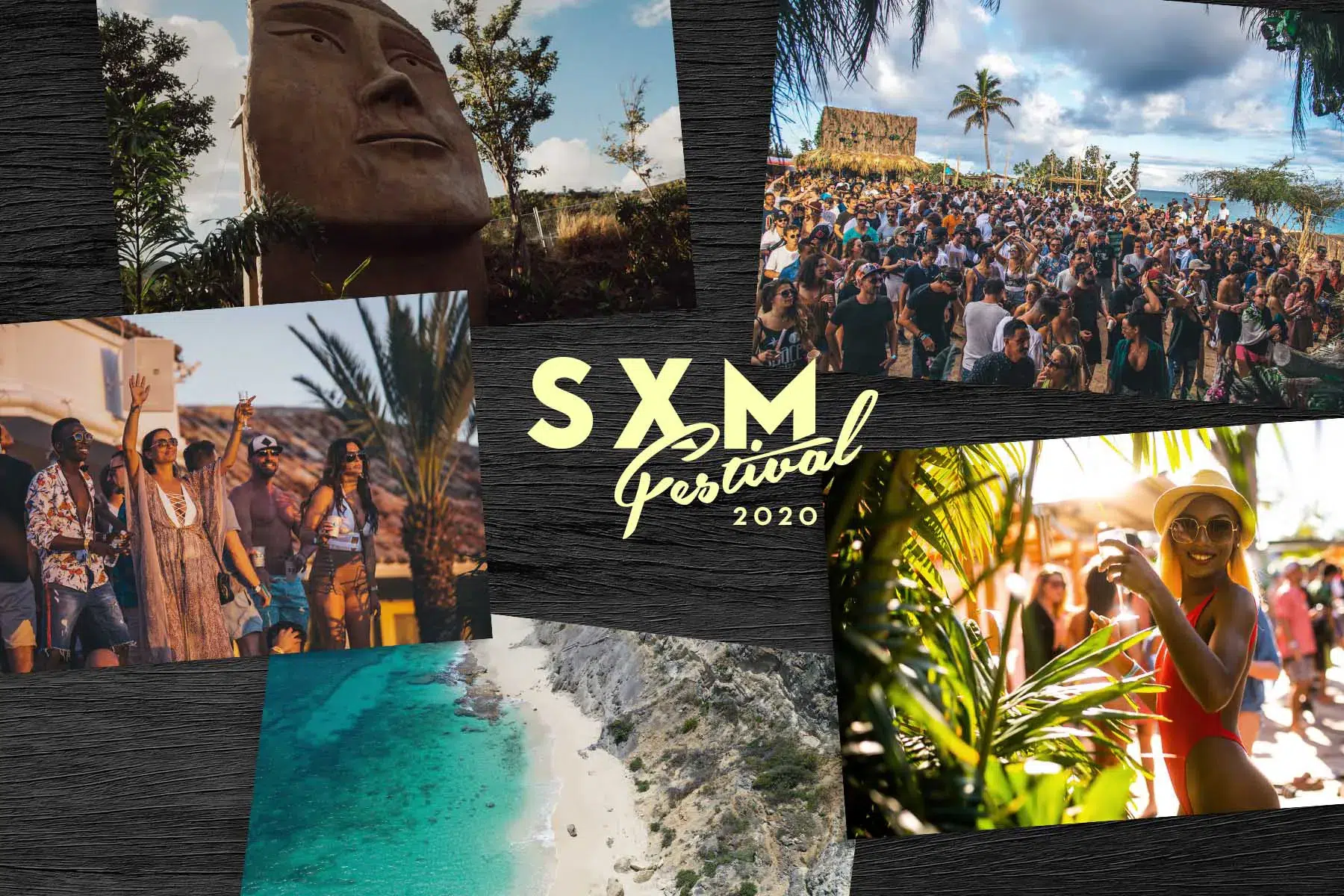 Caribbean music festival collage with live performances and lights in St. Maarten
