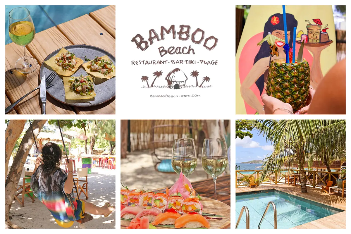 Bamboo Beach in Nettle Bay, St. Martin, featuring a restaurant, tiki bar, kids play area, and pool