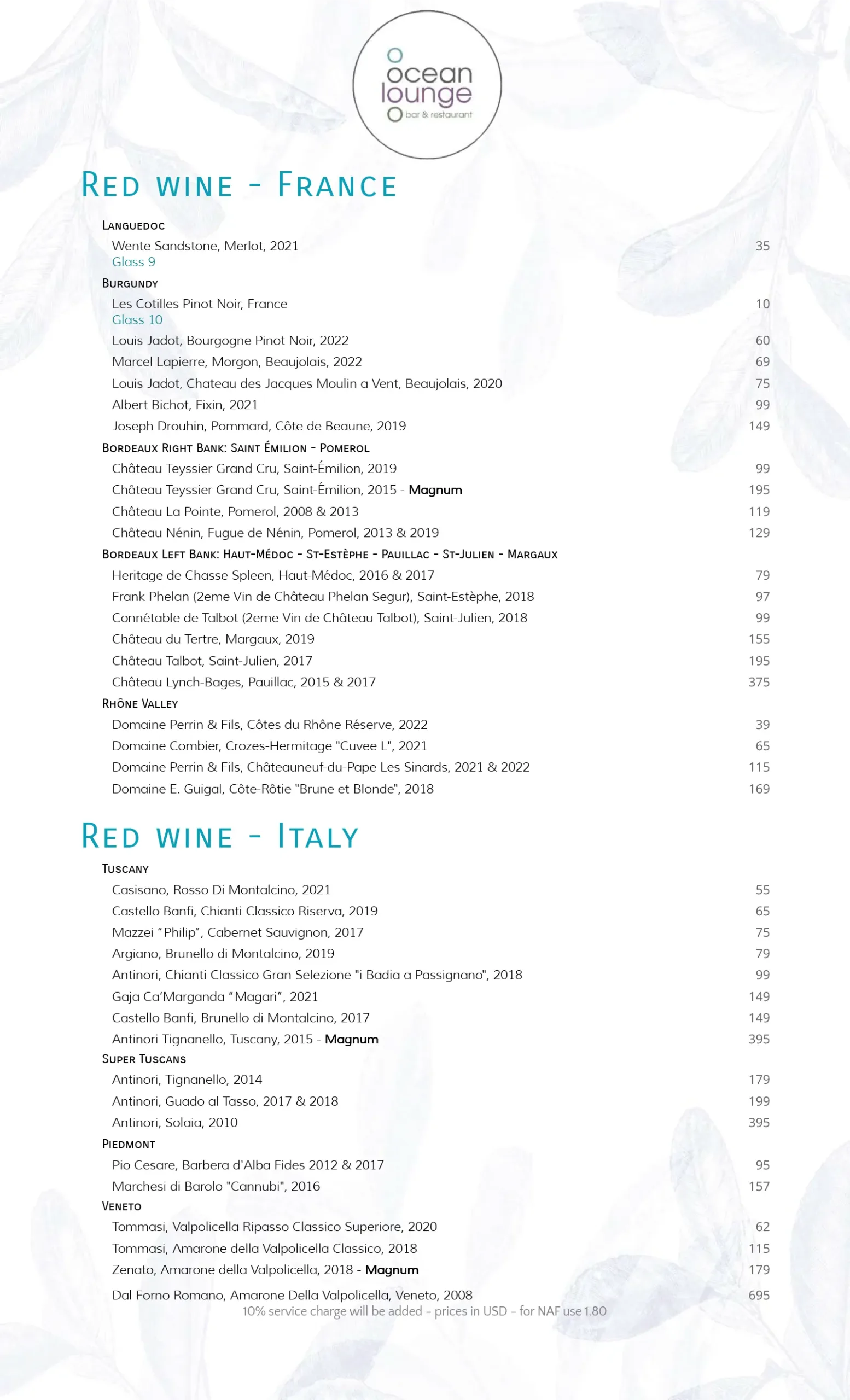 List of red wines from France & Italy on 2025 wine menu — St. Maarten