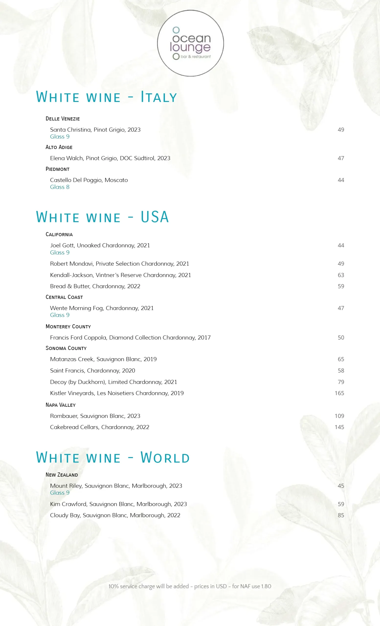White wine selections page from a 2025 wine list — St. Maarten