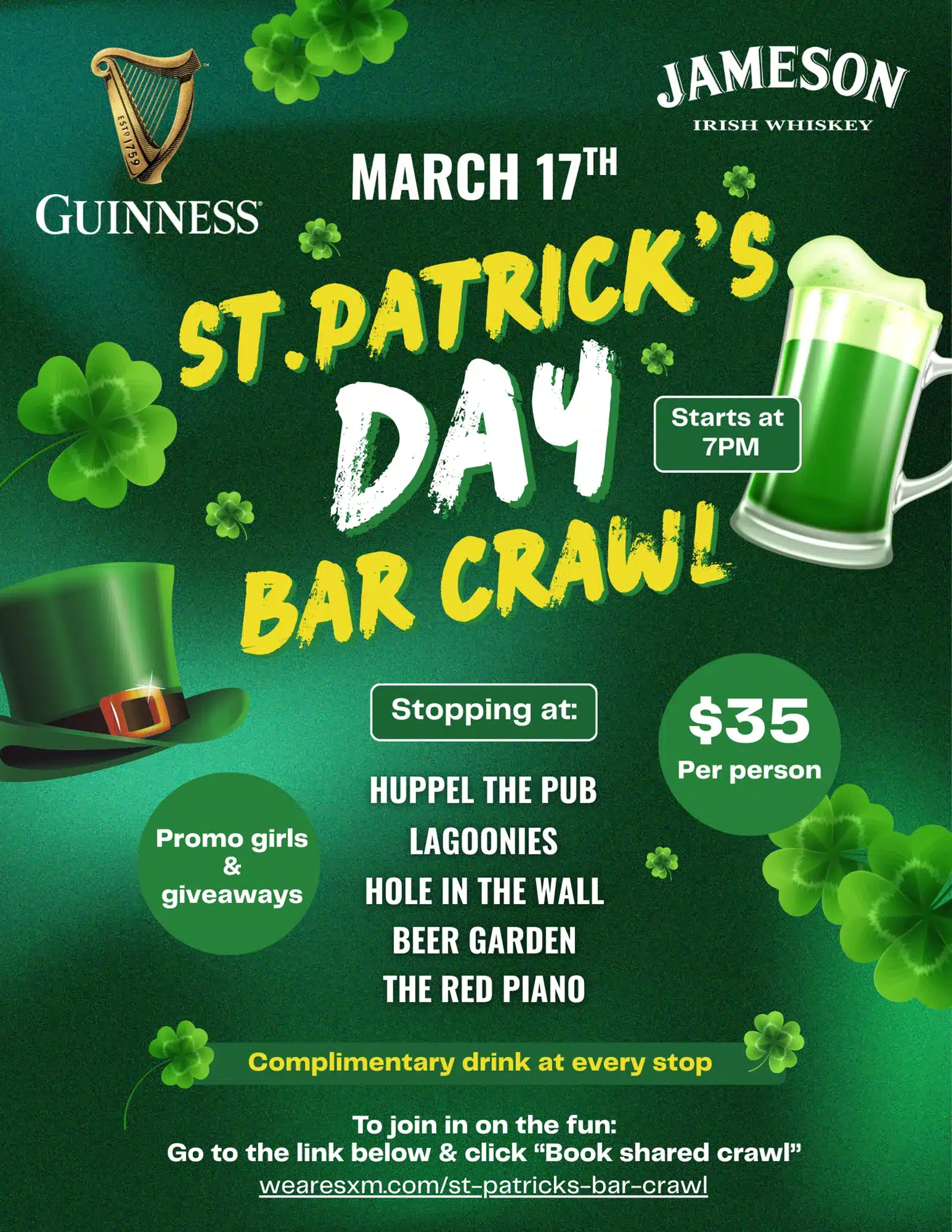 St. Patricks Day 2026 Bar Crawl - 6 Stops to Drink, can you survive!