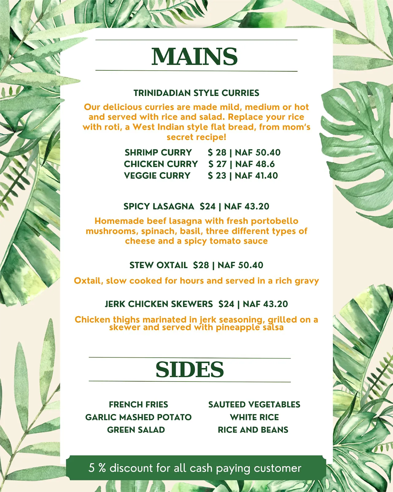 The Palms Restaurant 2026 main menu featuring Caribbean-inspired dishes like jerk chicken, ribs, and fresh seafood.