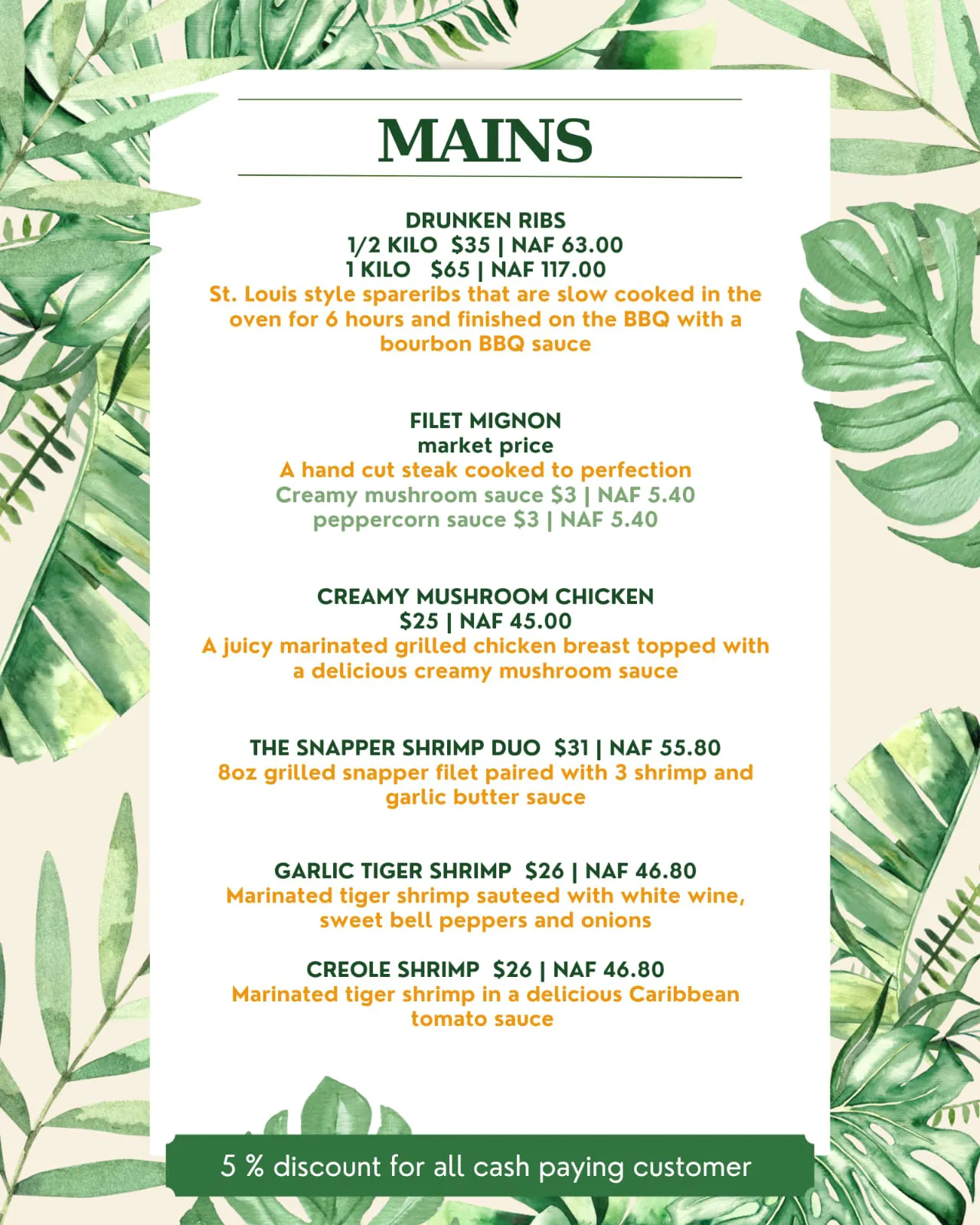 The Palms Restaurant 2026 main menu featuring Caribbean-inspired dishes like jerk chicken, ribs, and fresh seafood.
